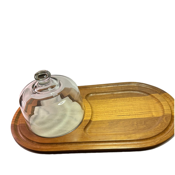 Mid Century Teak , Marble and Glass Cloche Cheese Tray - Picture 2 of 3